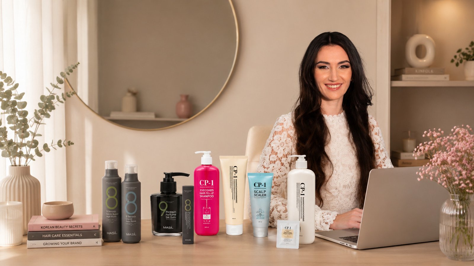 Plaukų priežiūros specialistė Karolina su plaukų priežiūros ir korėjietiškos kosmetikos produktais