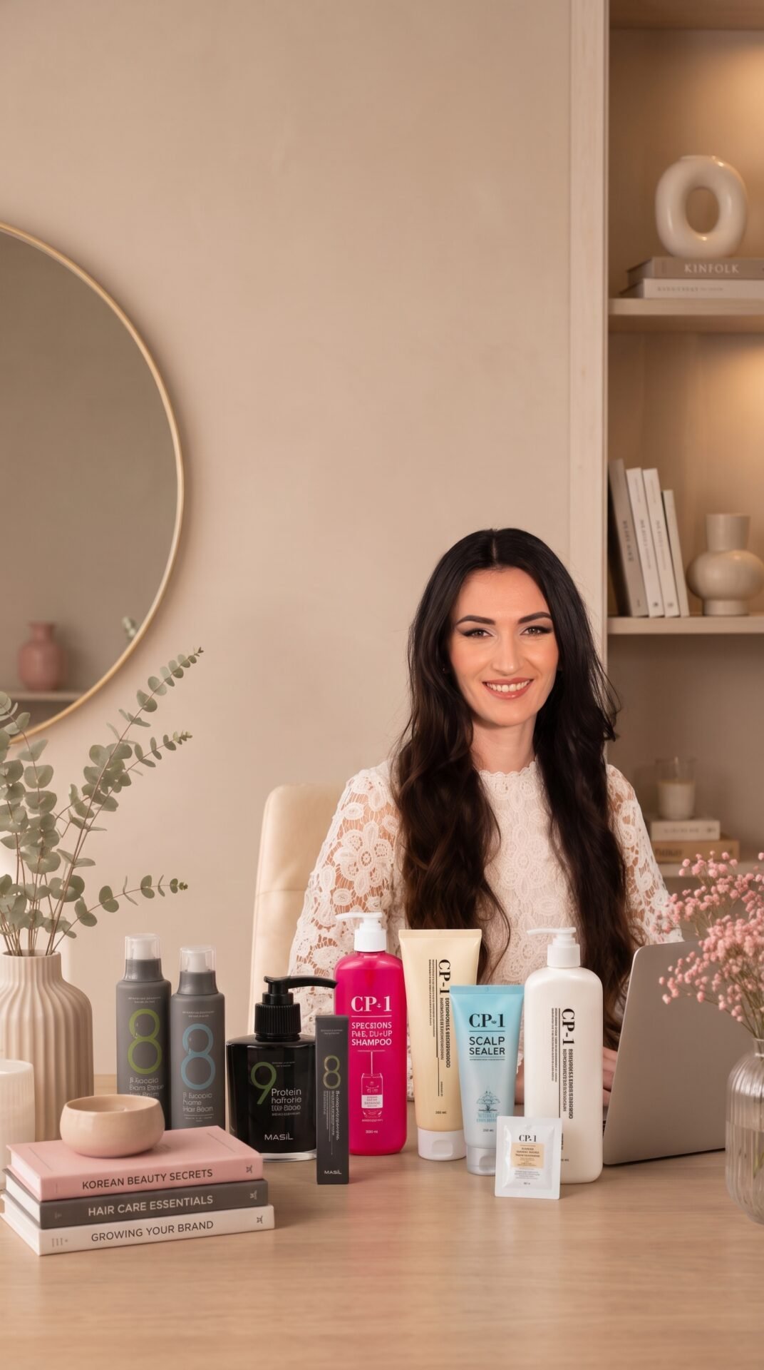 Plaukų priežiūros specialistė Karolina Vilniuje su plaukų priežiūros ir korėjietiškos kosmetikos produktais